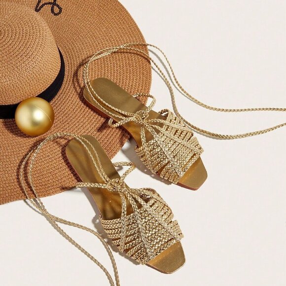 Shoes - Gold Bohemian Women's Braided Strap Sandals with Random Texture